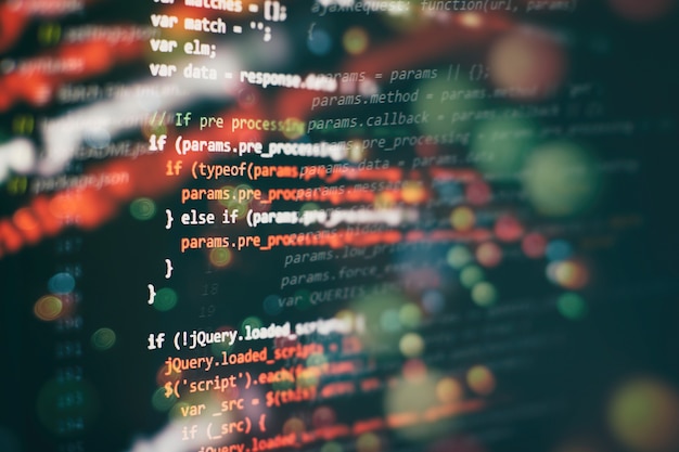 Uso de css, javascript e html. monitore o close up do código-fonte da função. abstrato base de tecnologia de ti. código-fonte do software.