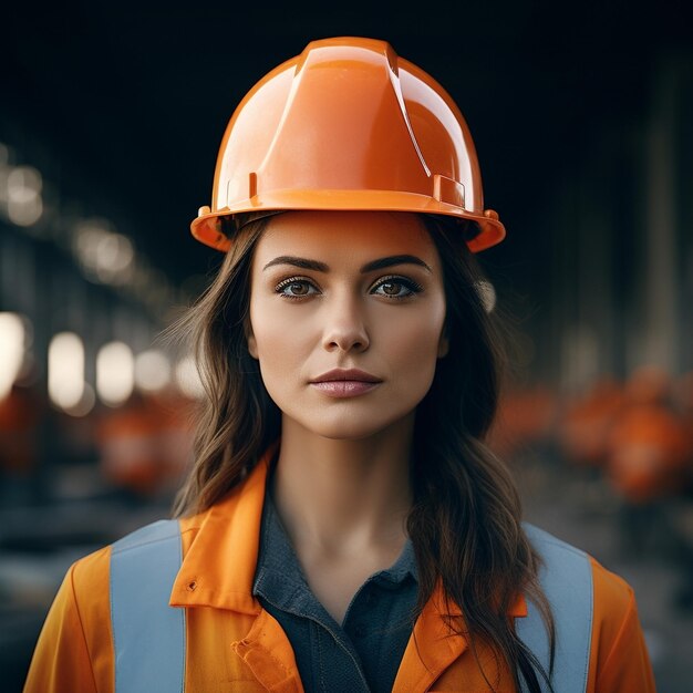 uso de equipamentos de segurança, incluindo um capacete laranja, trabalho na indústria gerado pela IA