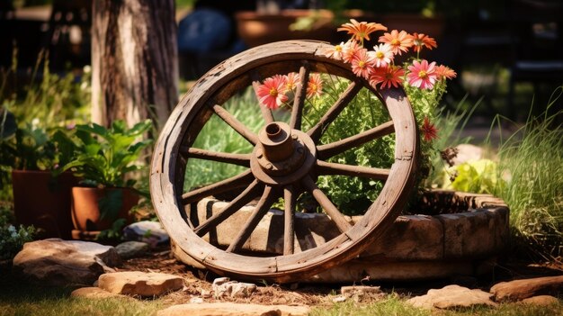 Uso decorativo de una rueda de arado antigua en un entorno de jardín