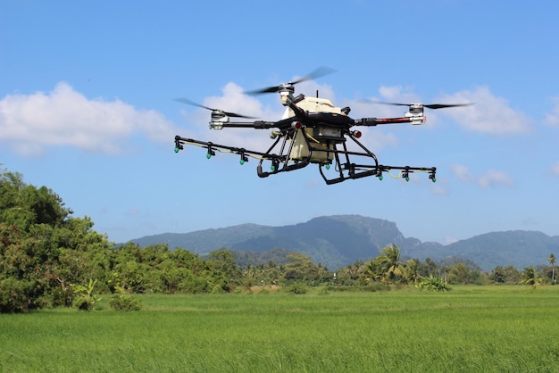Uso de drones agrícolas para rociar pesticidas en arrozales