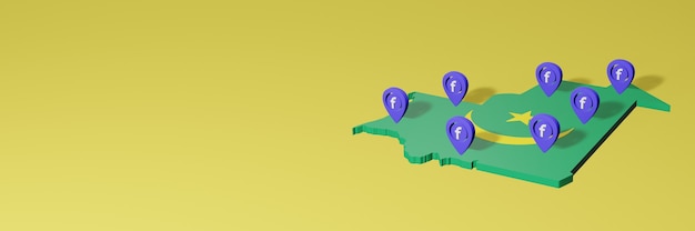 Uso e distribuição de mídia social Facebook na Mauritânia para infográficos em renderização 3D