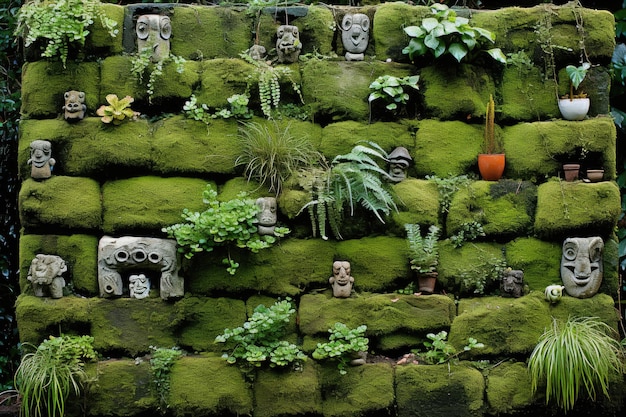 Uso de un jardín vertical de pared verde hecho de desechos plásticos reciclados y elaborado con herramientas de inteligencia artificial generativa