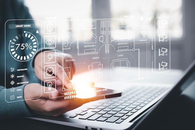 Uso manual de la tableta inteligente AI con la aplicación de hogar inteligente en la interfaz circular de la habitación del asistente de automatización del hogar inteligente en la pantalla virtual y el usuario toca el botón de la interfaz digital del hogar inteligente