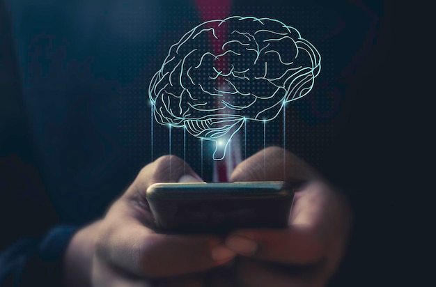 Uso manual de teléfono móvil y cabeza humana con tecnología de red cerebral en línea para datos globales