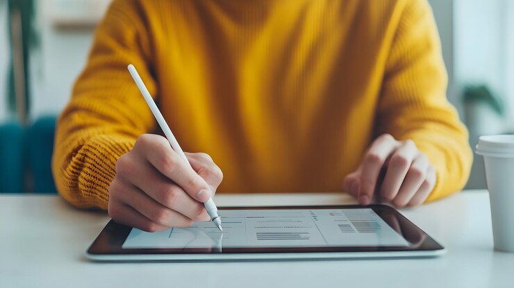 Foto el uso de stylus en la tableta para el trabajo comercial o el estudio
