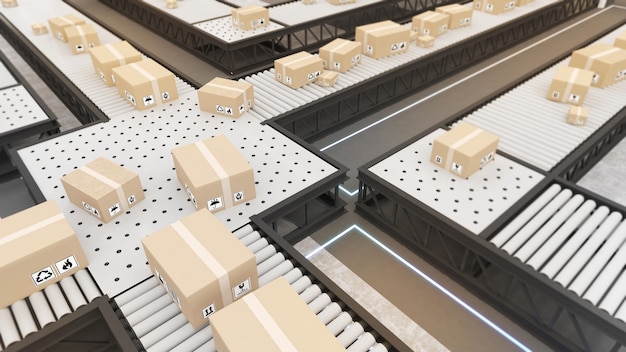 Uso de tecnología en almacenes y empaquesAutoTrailing Systems and Productsrail system in the warehouse3d rendering