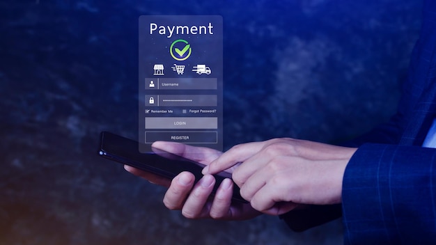 El uso de teléfonos inteligentes para el pago en línea, la banca y las compras en línea, las transacciones financieras, el concepto de pago en línea digital, la transferencia de pagos.