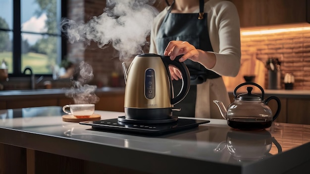 El uso de una tetera eléctrica para preparar té en casa en la cocina