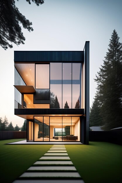 Äußeres Bild eines neuen modernen Hauses mit großem Fenster