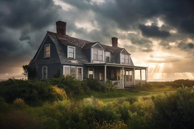 Äußeres Cape Cod-Haus mit Blick auf den dramatischen stürmischen Himmel, erstellt mit generativer KI