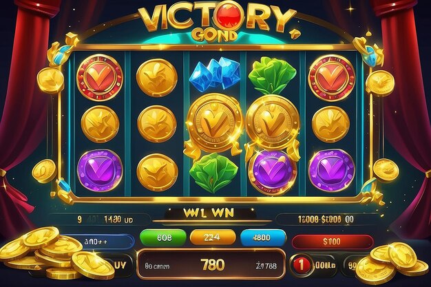 Usted gana pantalla para el resultado del juego la victoria aparece con monedas de oro tragamonedas juegos de interfaz de usuario
