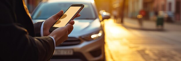 Foto usuário da cidade encontra estacionamento rapidamente usando aplicativo de ia closeup de smartphone simplificando a agitação urbana