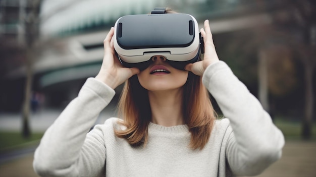 Usuario interactuando con el metaverso de realidad virtual y los conceptos de mundos digitales mientras usa un auricular VR GENERAR IA