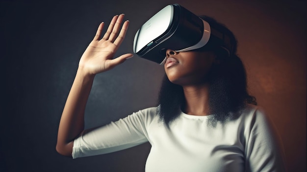 Usuário interagindo com os conceitos de metaverso de realidade virtual e mundos digitais enquanto usa um headset VR GERAR IA