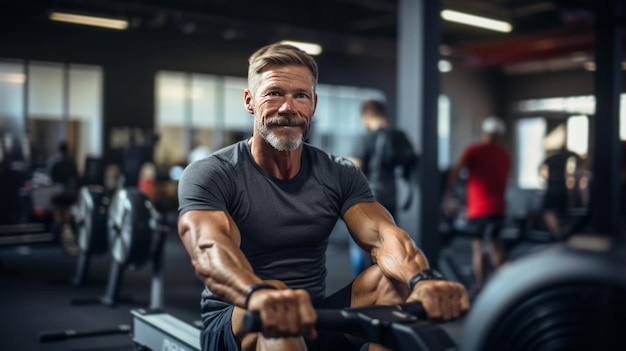 Un usuario de máquina de remo en un gimnasio trabajando en la aptitud cardiovascular y la fuerza de la parte superior del cuerpo