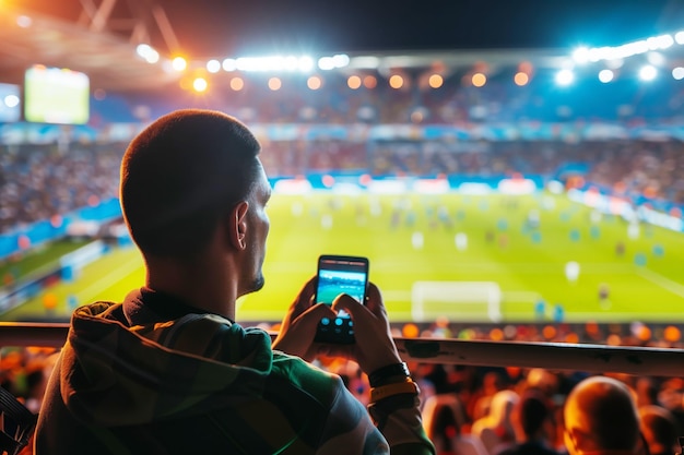 Usuario de teléfono inteligente en un partido de fútbol Impacto de la 5G en los deportes