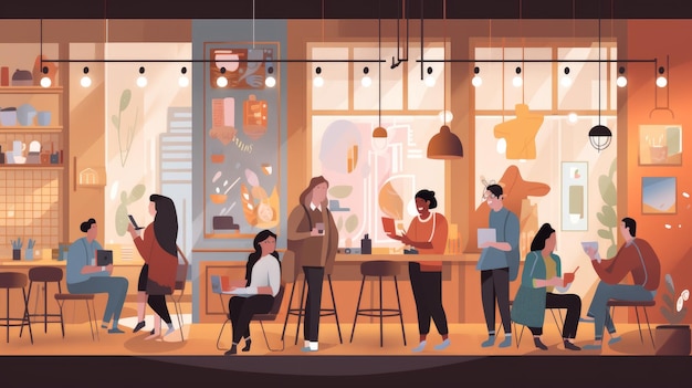 Usuários em uma cafeteria Ilustração para uma empresa moderna