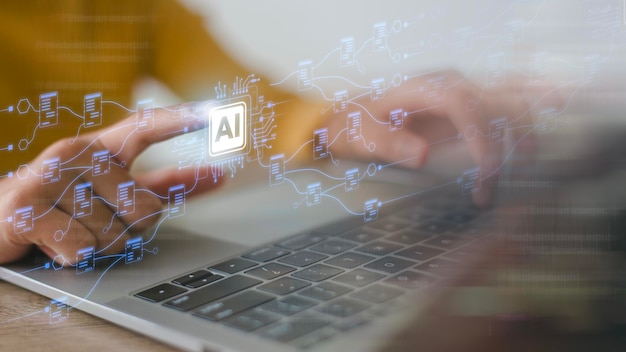 Los usuarios utilizan el aprendizaje automático de IA en pantallas virtuales con grandes datos y código informático AI Inteligencia artificial Ciencia de datos y conceptos de tecnología de la información