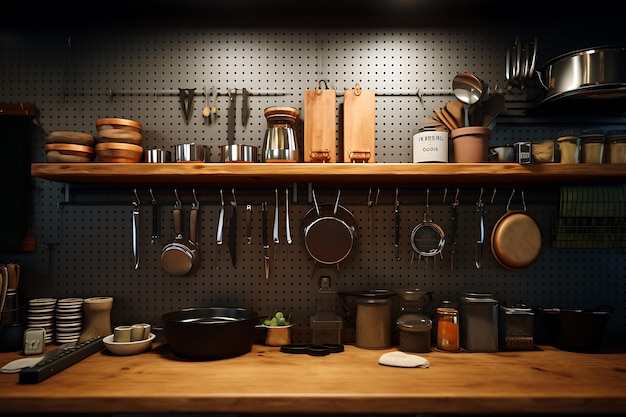 Los utensilios de cocina colgados en la pared en la habitación oscura