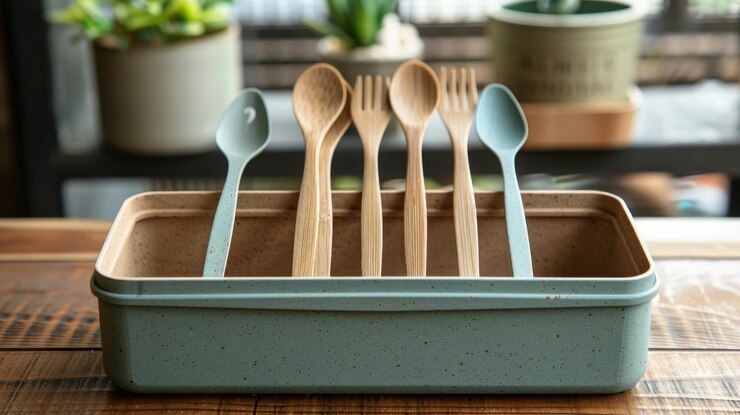 Utensilios de cocina ecológicos hechos de madera y bambú cuidadosamente dispuestos en un soporte sobre una mesa de madera