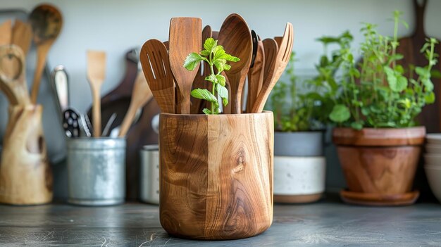 Utensilios de cocina de madera en un soporte con hierbas frescas en un mostrador de cocina que mezclan función y estilo