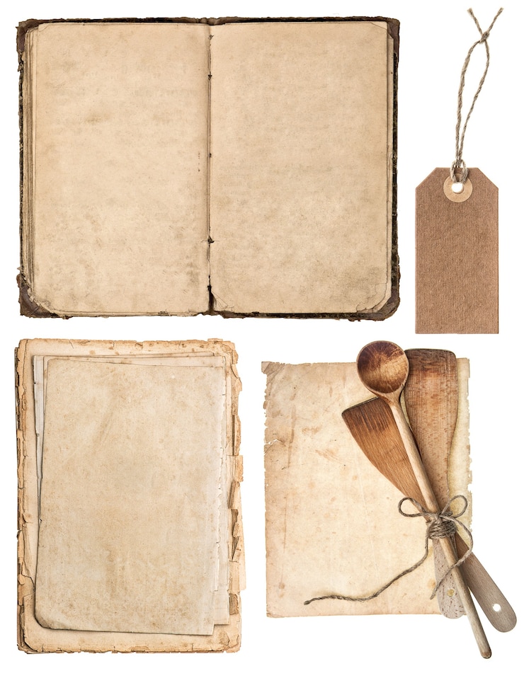 Foto utensilios de cocina de madera vintage, libro de cocina antiguo, páginas y etiquetas aisladas sobre fondo blanco. concepto de libro de recetas de la abuela