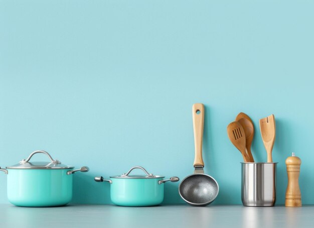 Los utensilios de cocina modernos en la mesa gris contra el espacio de fondo de la pared azul claro para el stock de texto