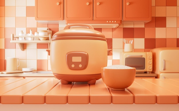 Los utensilios de cocina en la sala de la cocina con renderización en 3D al estilo de dibujos animados