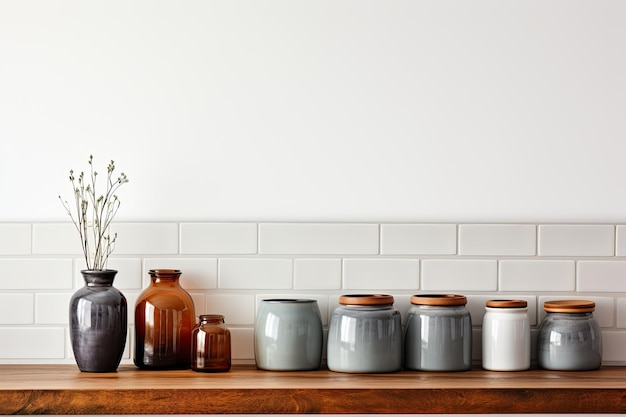 Utensílios de cozinha e utensílios em uma prateleira ou balcão branco contra um fundo de parede branca com espaço de cópia