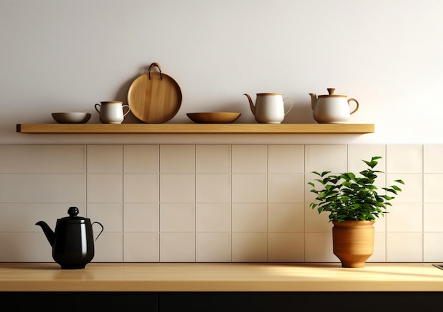 Utensílios de cozinha e utensílios em uma prateleira ou balcão de madeira Fundo de parede branca com espaço para cópia Decoração de cozinha em casa