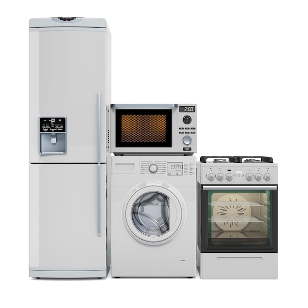 Utensílios de cozinha Máquina de lavar geladeira fogão a gás forno de microondas renderização em 3D