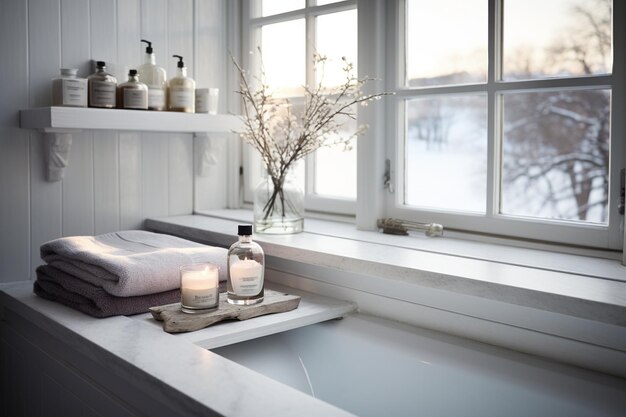 Foto utensílios de higiene e espaço vazio em uma mesa de mármore branco em um belo banheiro escandinavo