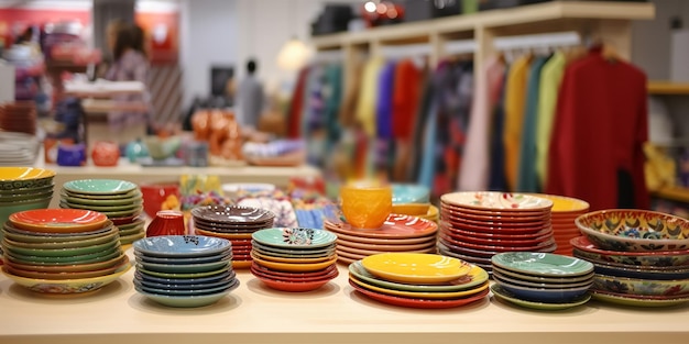 utensílios de mesa coloridos feitos à mão de cerâmica de porcelana no balcão da loja