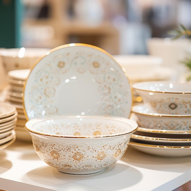 utensílios de mesa de cerâmica colorida feitos à mão de porcelana no balcão da loja