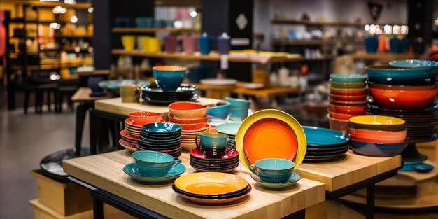 utensílios de mesa de cerâmica colorida feitos à mão de porcelana no balcão da loja