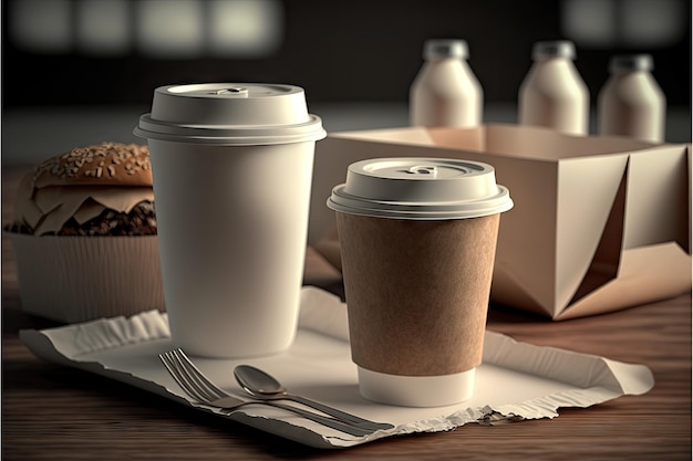 Utensílios de mesa de papel descartáveis para café com leite em fundo desfocado