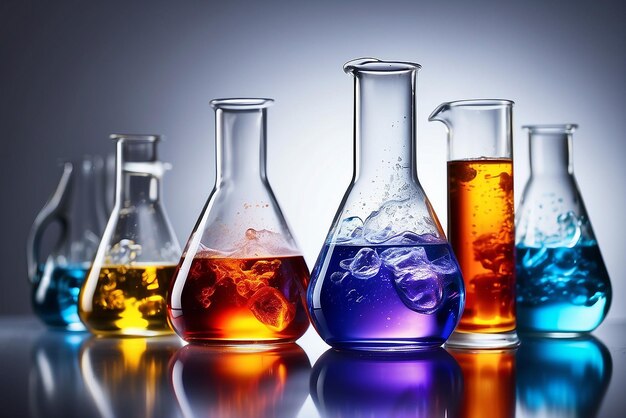 Utensílios de vidro de laboratório com líquidos de diferentes cores com reflexos na mesa Com caminho de recorte