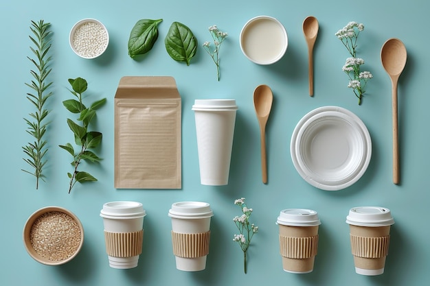 los utensilios de mesa desechables ecológicos hechos de papel y madera sobre un fondo azul el concepto de reciclaje