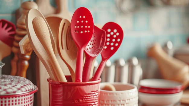 Utensílios vermelhos num copo vermelho no balcão