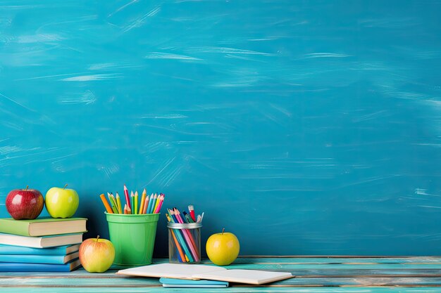 Foto Útiles escolares en una mesa azul de regreso