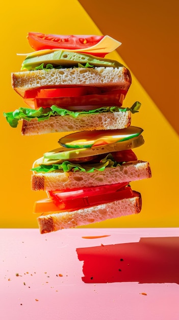 Foto utilice formas geométricas y sombras para crear una composición dinámica de una ilustración generada por la ia de un sándwich levitante