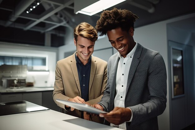 Foto utiliza una tableta en sus manos para trabajar en un servicio de proyecto en línea conocer hombres freelancers coworking