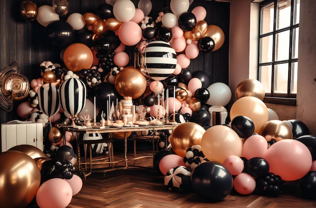 Se utilizan globos blancos y lazos dorados para decorar este evento.