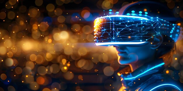 Utilizando la tecnología VR, una persona navega por las estructuras de datos para descubrir información Concept VR Exploración de datos Experiencia inmersiva Análisis interactivo Realidad virtual Insights Visualización de datos