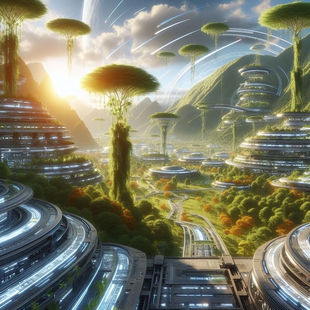 Una utopía futurista donde la naturaleza y la tecnología coexisten en armonía