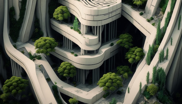 Utopische Cyberpunk-Landschaft mit alter weißer Steinarchitektur auf einer von oben gesehenen Klippe