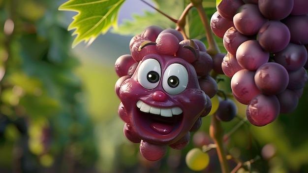 Una uva púrpura con una cara en ella está colgando de una vid la uva está sonriendo y tiene grandes ojos googly está rodeada de hojas verdes