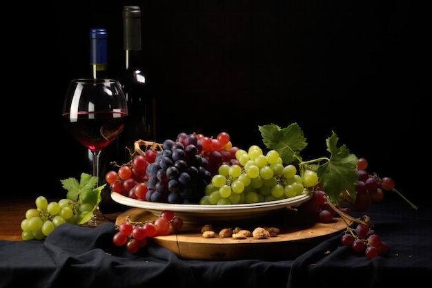 Uvas en abundancia Una exquisita exhibición de deliciosas frutas y vino