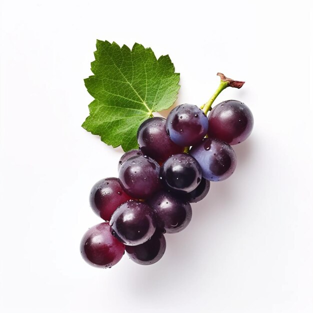 Uvas arafadas con hojas en una superficie blanca con una hoja verde generativa ai