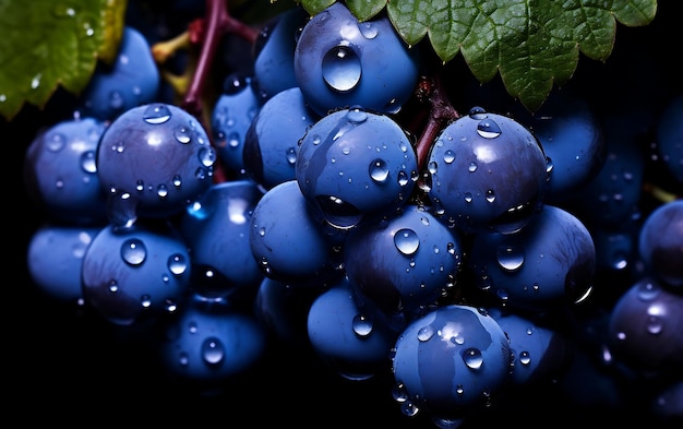 Uvas azules cubiertas con gotas de agua